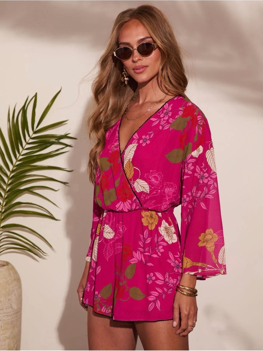 Vici Evening Romance Tropical Floral Wrap Tie Romper